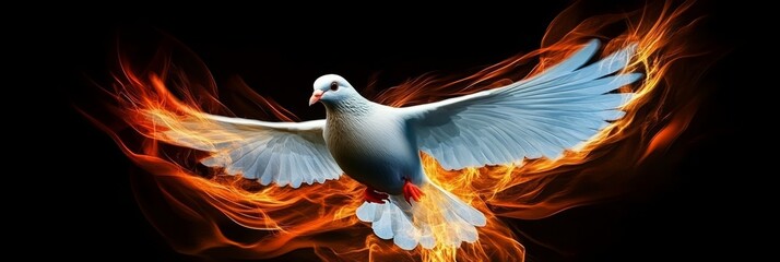 Fototapeta premium Majestic White Dove Soaring Through Fiery Flames, Symbolizing Hope, Peace, and Renewal in Art