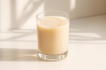glass of of creamy plant-based milk on a white table bathed in soft natural light with leaf shadows evoking vegan, dairy-free nutrition and minimalist morning freshness