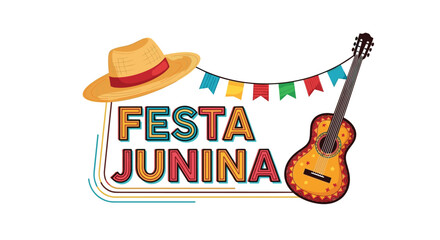 A festive 'Festa Junina' celebration design featuring colorful lettering a straw hat a guitar and party flag banners.