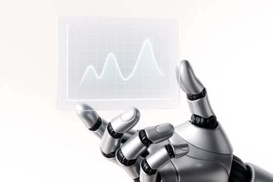 robotic hand holding a transparent screen showing a glowing line graph, symbolizing advanced artificial intelligence in data analysis, business growth, and technological innovation