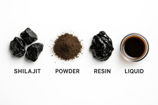 shilajit in multiple forms black rocks, brown powder, sticky resin and dark liquid displayed on a white background to illustrate stages or various form comparison and uses of this ayurvedic supplement