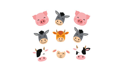 Fototapeta premium Cute collection of nine colorful cartoon farm animal faces including a pig donkey cow and sheep on a white background.