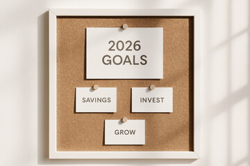 cork bulletin board showing pinned notes outlining 2026 goals along with key financial strategies including savings, invest and grow representing future financial planning and personal development