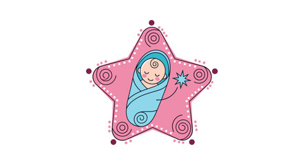 Sweet newborn baby wrapped in a blue blanket sleeping inside a decorative pink star frame for a baby shower invitation.