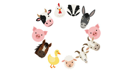 Naklejka premium Circular frame made of adorable cartoon farm animal faces including a cow pig horse sheep goat duck and chicken.