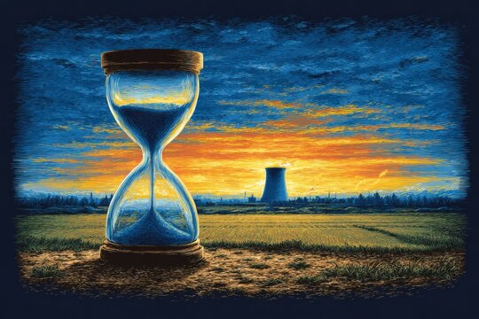 A sand timer is shown in front of a large power plant. Concept of time passing and the potential consequences of relying on non-renewable energy sources