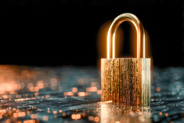 Golden padlock symbolizing advanced cybersecurity and data protection in a futuristic digital environment with glowing bokeh lights on electronic circuits