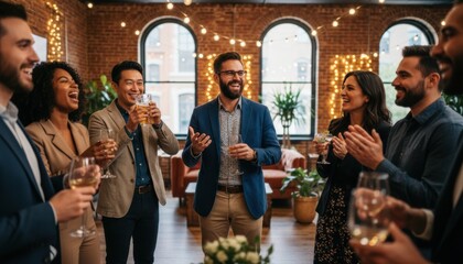Diverse group of happy business colleagues celebrating success at an office party, laughing and socializing with drinks in a festive, warmly lit modern loft space