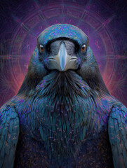 Obraz premium A striking, high-detail portrait of a raven's head and chest, showcasing glossy, iridescent blue/purple feathers. The background is a vibrant, psychedelic, and mystical purple and pink mandala pattern