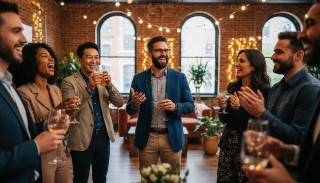 Diverse group of happy business colleagues celebrating success at an office party, laughing and socializing with drinks in a festive, warmly lit modern loft space