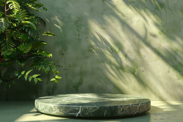 Rendering of a marble podium with tropical leaves on a green and beige background for product presentation