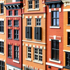 Fototapeta premium A row of meticulously detailed, miniature brick buildings, showcasing classic architectural styles and multiple windows with dark shutters.