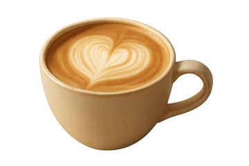 Beige ceramic cup with latte art heart on creamy coffee
