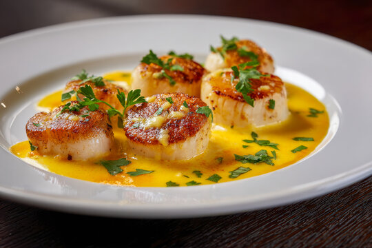 Pan-seared scallops garnished with fresh herbs served in a vibrant yellow sauce on a white plate ready to enjoy as a gourmet seafood appetizer