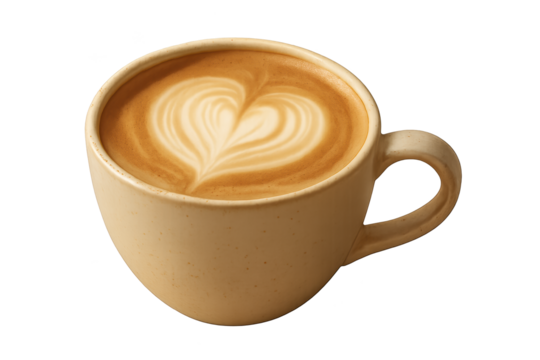 Beige ceramic cup with latte art heart on creamy coffee