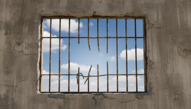 Broken rusty metal prison bars on a window are bent open, creating a hole for escape and revealing a hopeful blue sky with clouds through a cracked concrete wall