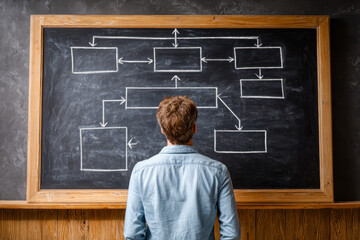 Man analyzing a complex flowchart drawn with white chalk on a large blackboard while standing in a thoughtful pose inside a modern workspace environment