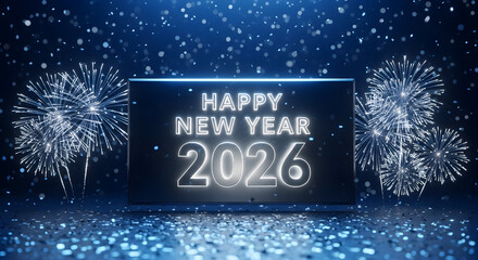 Happy new year 2026 celebration with fireworks, confetti, and glowing text