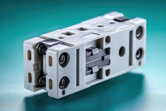 Injection-molded polyamide housing with snap-fit hooks, cooling ribs, and molded alignment bosses on teal gold gradient