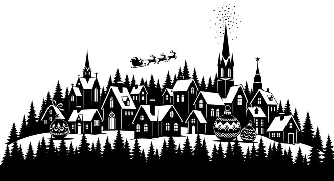 Christmas village silhouette with santa sleigh, reindeer, snowy trees, ornaments.