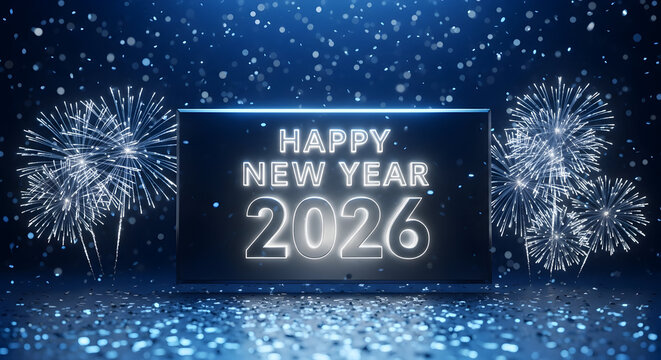Happy new year 2026 celebration with fireworks, confetti, and glowing text - Powered by Adobe