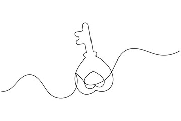 Obraz premium Continuous line art drawing of a key with a heart symbol concept