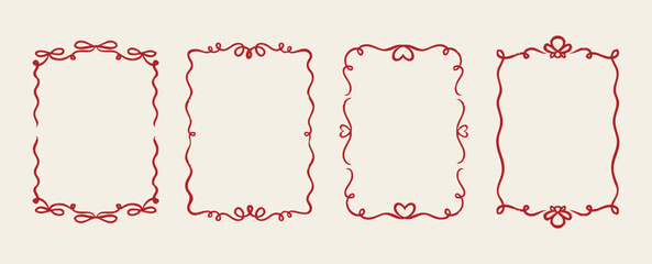 Quirky trendy Frame, hand drawn red borders for wedding Invitation, whimsical frames for birthday card, squiggly and wavy borders. minimalist line art