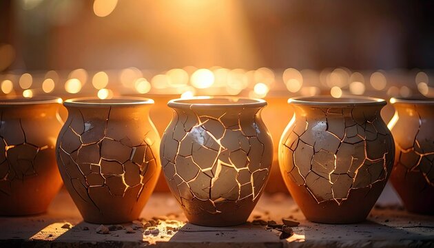 Close-up of a row of cracked pottery vases illuminated by warm sunlight, creating a serene and contemplative atmosphere.