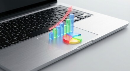 Glowing bar and pie chart hologram with a rising arrow appears on a modern laptop touchpad, symbolizing business growth, financial success, and data analysis