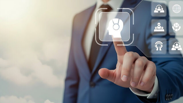 Businessman Interacting with Virtual Customer Support Interface Showing Modern Technological Communication and Artificial Intelligence Integration