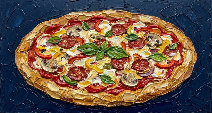 Textured impasto oil painting of a vibrant gourmet pizza, showcasing colorful fresh toppings, an artistic concept elevating a classic culinary delight into a visual feast