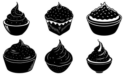 Delicious dessert selection of cupcakes and bowls with frosting, perfect for bakeries, celebrations and sweet treats, originally a scalable vector graphic