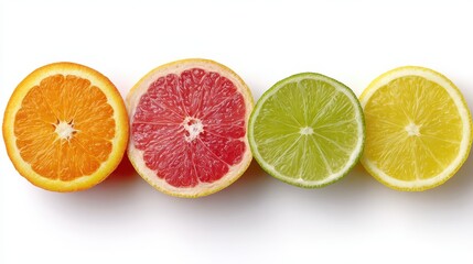 Four cross-section citrus fruits on white studio backdrop