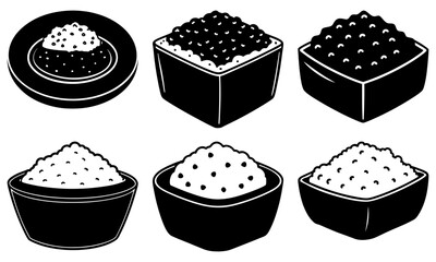 Elegant assortment of caviar and rice bowls for upscale dining menus, gourmet food blogs, and culinary design projects, originally scalable vector graphics