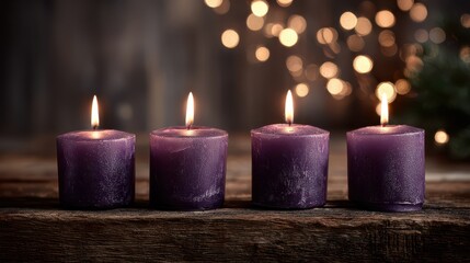 Four Purple Advent Candles on a Wooden Table with Warm Candlelight