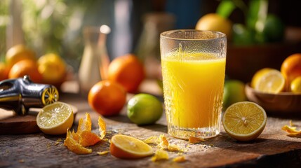 Fresh citrus juice in a glass with sliced oranges, lemons, and limes on a rustic wooden counter