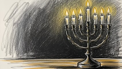 Menorah with lit candles on dark background  with space for text