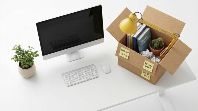 Personal office belongings packed in a cardboard box with sticky notes on a minimalist white desk, symbolizing an employee's last day, resignation, or career change