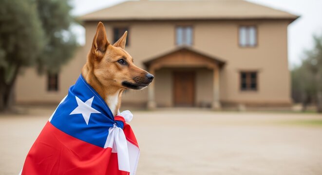 Patriotic Carolina Dog wrapped in Chilean flag in front of traditional house