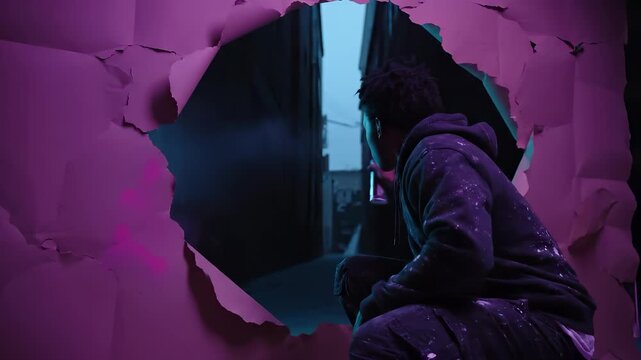 Spray paint artist makes hole. Man crouches in hoodie and holds spraycan. Graffiti on torn wall frames person. Urban street setting evokes nocturnal mood. Night lighting adds moody purple hue glow.