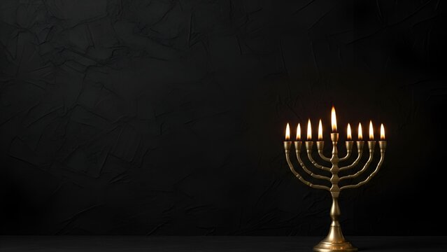 Gold menorah with lit candles on black background  with space for text - Powered by Adobe