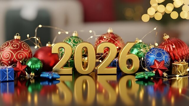 Golden 2026 numbers with festive christmas ornaments and bokeh lights - Powered by Adobe