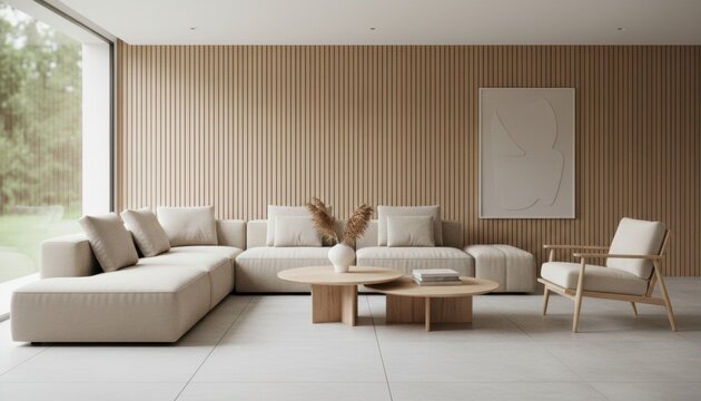 Large beige sectional sofa and armchair in a modern minimalist living room with wooden furniture, a fluted accent wall, and soft natural light from a panoramic window