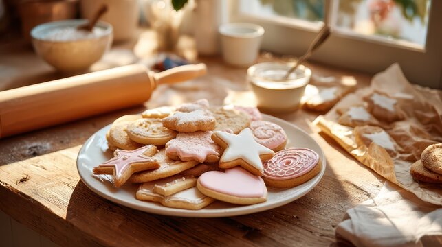 Freshly baked sugar cookies on a rustic wooden table with soft natural light