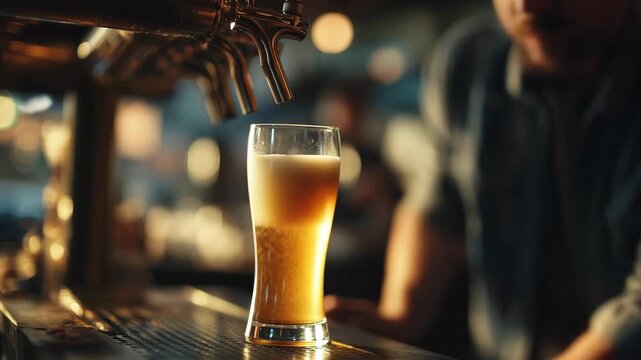 バーテンダーがビールをグラスに注ぐ瞬間