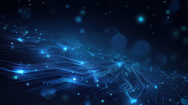 Futuristic blue digital background featuring flowing circuit lines and soft bokeh