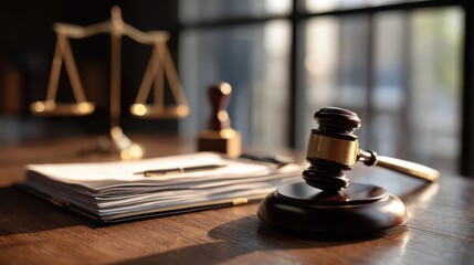 Gavel and scales of justice on a desk with legal documents in a professional law office