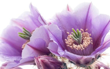 Close up of delicate purple prickly pear cactus flowers with visible stamens and pistils isolated on a transparent background