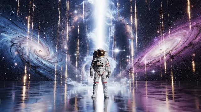 Astronaut Exploring Cosmic Galaxy Scene with Vibrant Nebulas and Stars