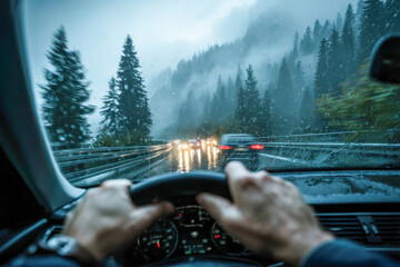 Driver navigating a wet, foggy mountainous road with blurred car lights and pine trees visible through the rain-speckled windshield during twilight hours